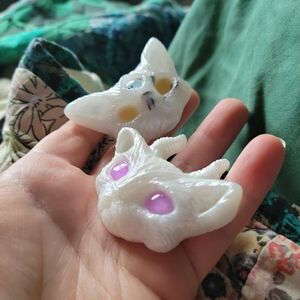 Handcrafted White Resin Cat Brooch with Purple & Gold Eyes, Horns, Glow In Dark